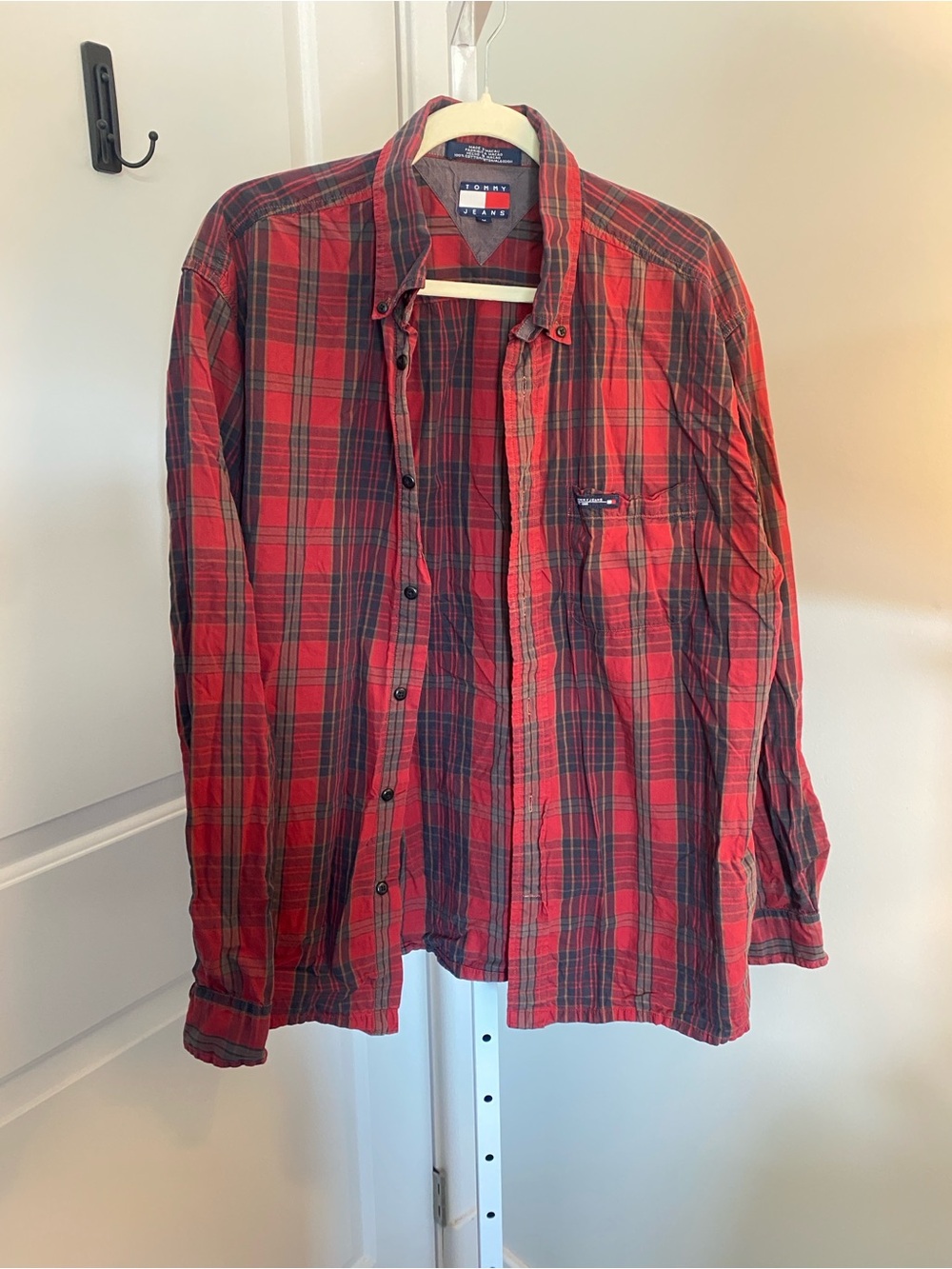 Tommy Hilfiger Red and Black Plaid Button-Down Shirt M